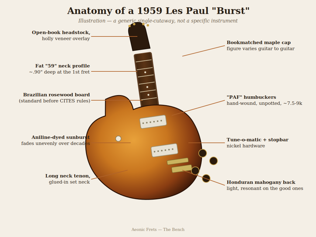 Illustration labeling the features of a 1959 Gibson Les Paul Standard Burst