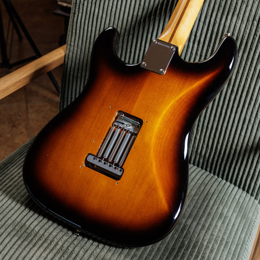 Open tremolo spring cavity on a 2022 Fender American Vintage II '57 Stratocaster showing five springs