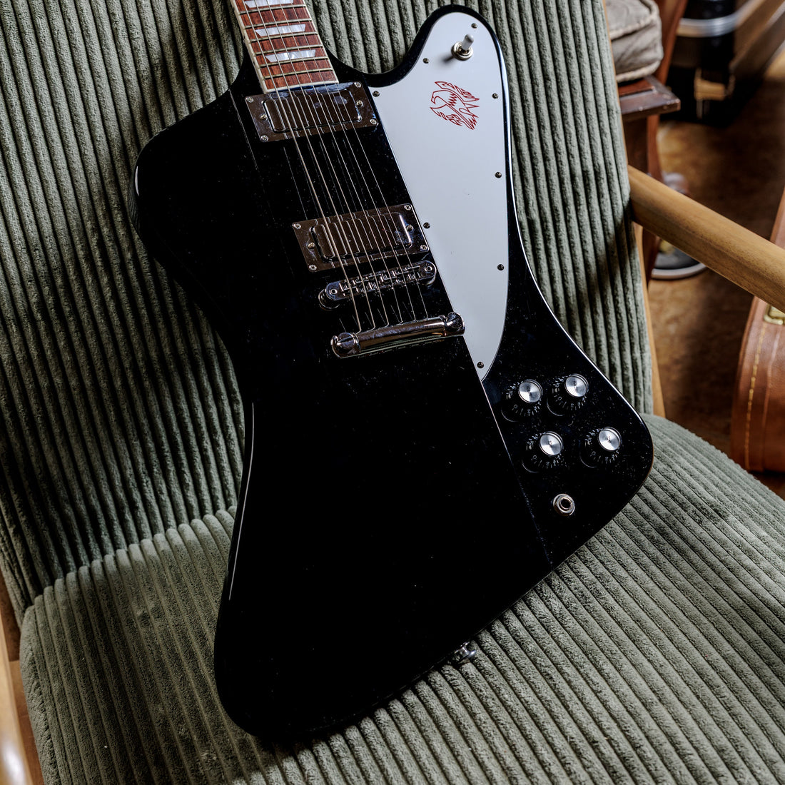 Black 2018 Gibson Firebird in Ebony with the classic reverse body shape and two mini-humbuckers