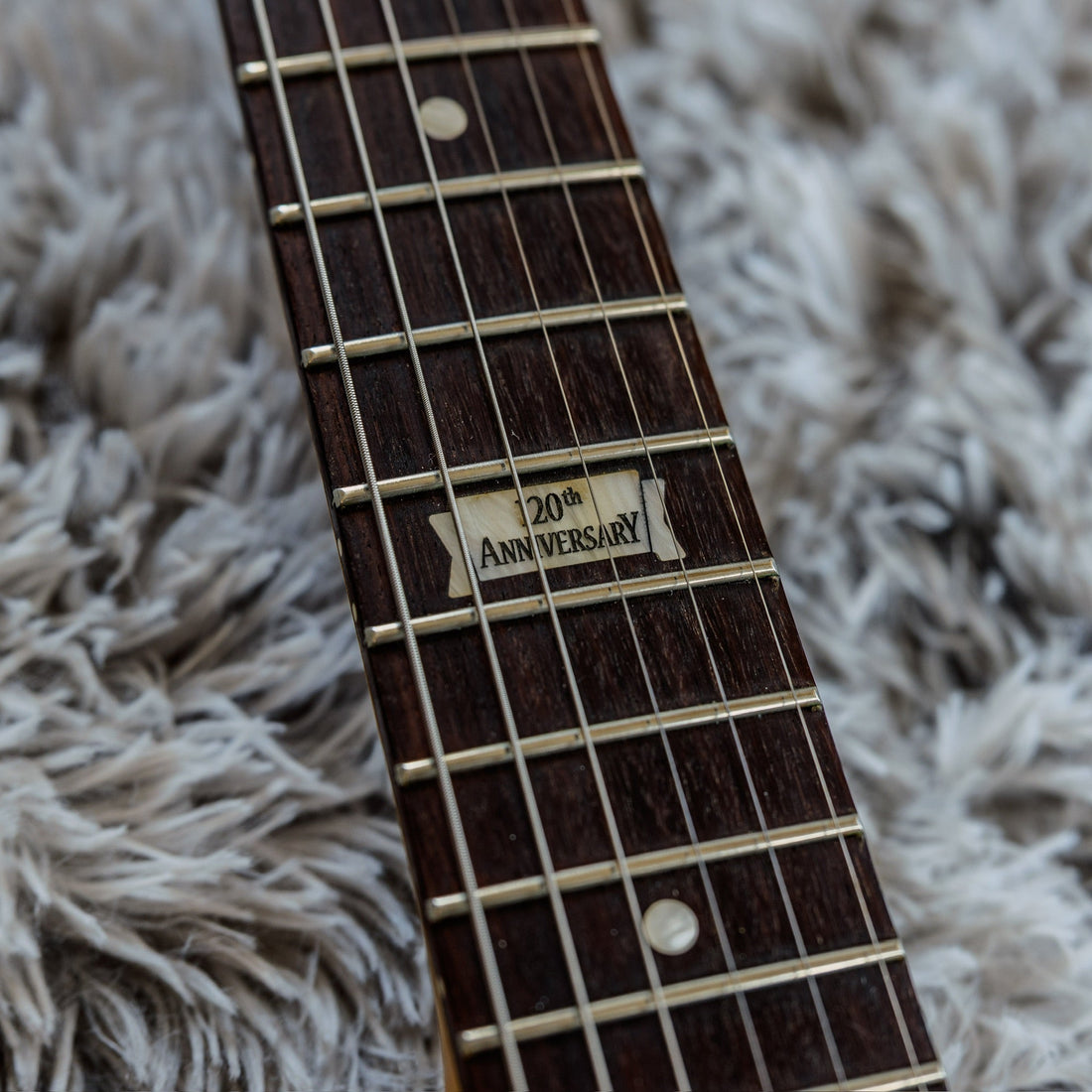Close-up of a rosewood guitar fretboard and its frets on a used Gibson Les Paul Melody Maker