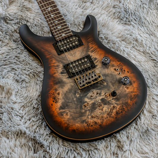 PRS SE Custom 24-08 with a figured poplar burl top and bird inlays, illustrating the flashy look PRS is known for