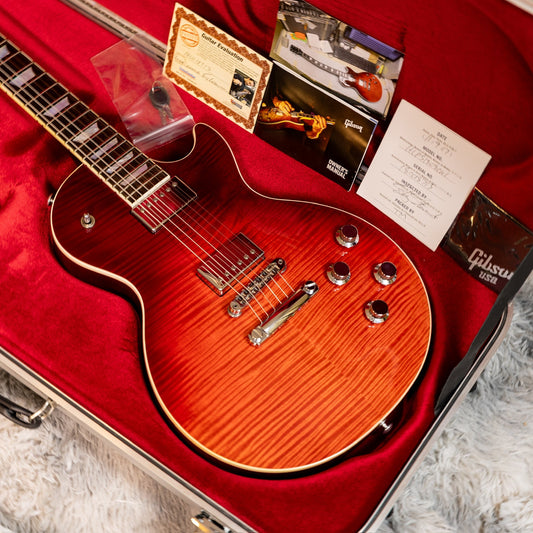 A figured-top Gibson Les Paul Standard, a popular model that is common right-handed but scarce as a used left-handed guitar.