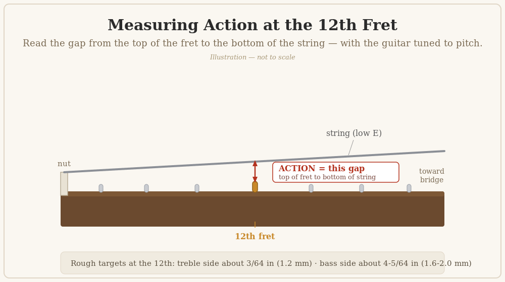 Diagram showing how to measure guitar action at the 12th fret, from the top of the fret to the bottom of the string