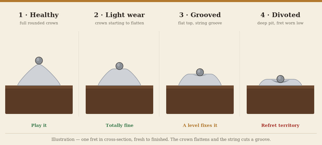 Diagram of the four stages of guitar fret wear in cross-section, from a healthy rounded crown to a deep divot that needs a refret