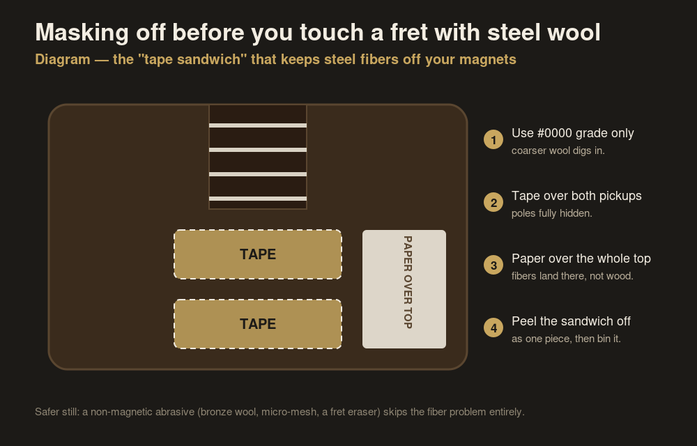 Diagram showing how to mask off guitar pickups with tape and paper before polishing frets with 0000 steel wool