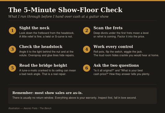 Illustration: a five-minute checklist for inspecting a used guitar at a guitar show, covering neck, frets, headstock, controls, bridge height, and questions to ask the seller.