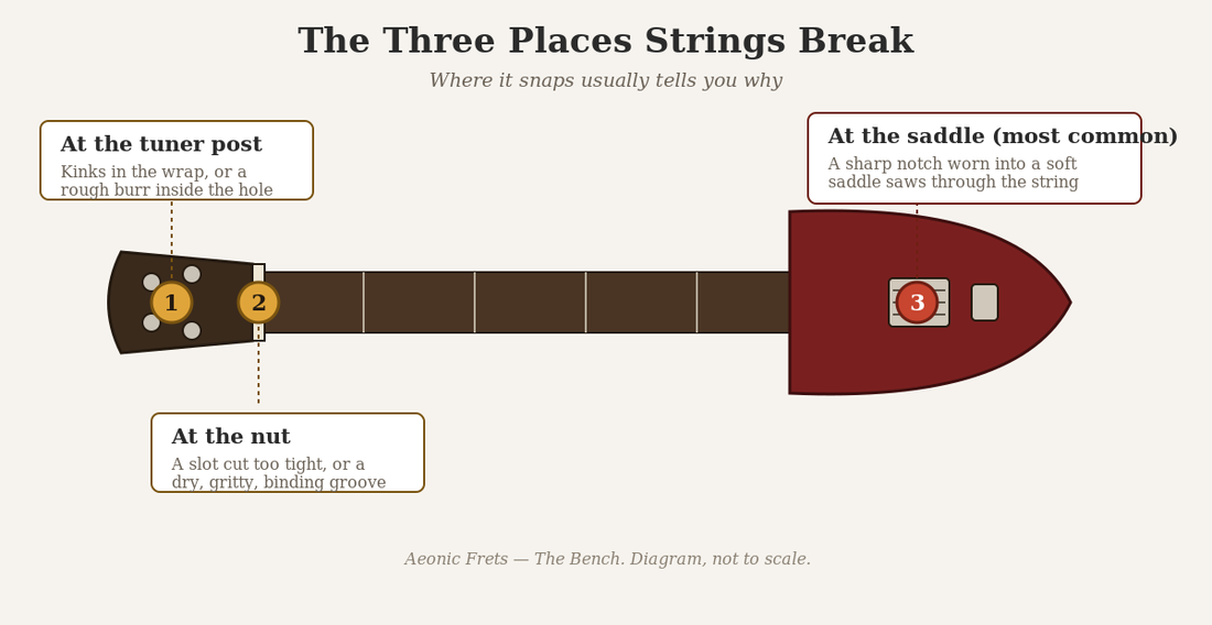 Diagram of the three places guitar strings break: the tuner post, the nut, and the bridge saddle, with the saddle marked as most common.