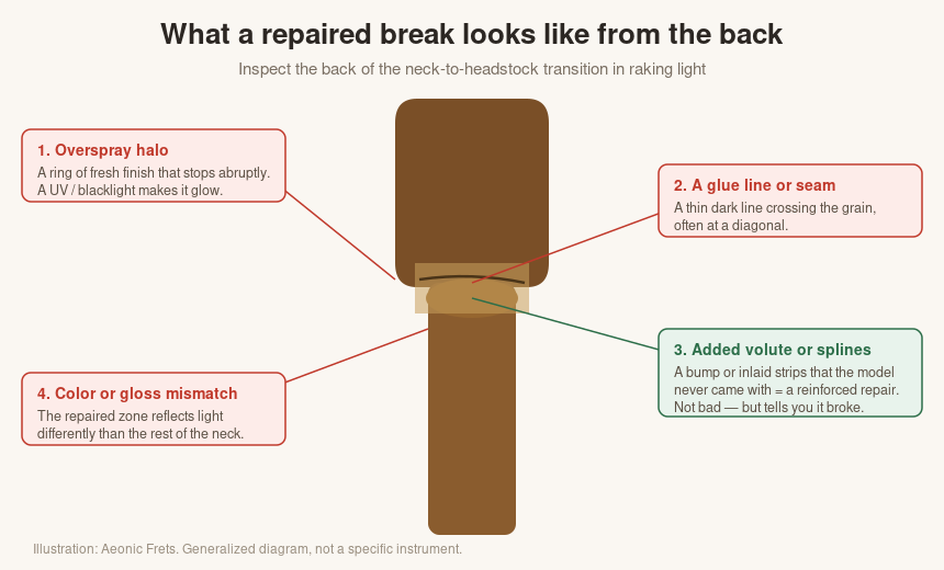 Illustration of how to spot a repaired headstock break on a used guitar: overspray halo, glue seam, added volute, and color mismatch