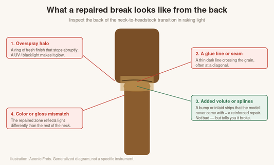Illustration of how to spot a repaired headstock break on a used guitar: overspray halo, glue seam, added volute, and color mismatch