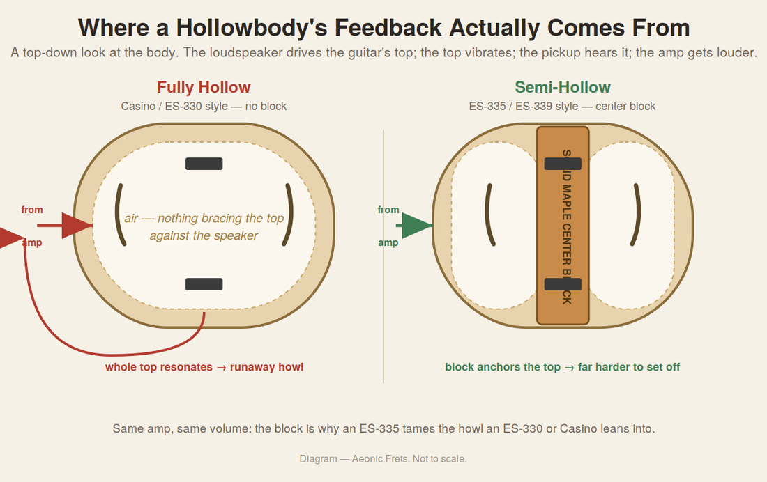 Diagram comparing a fully hollow guitar body with no center block to a semi-hollow body with a solid maple center block that resists feedback