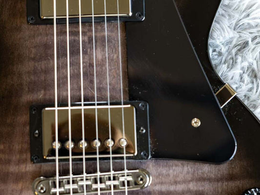 Close-up of the six adjustable slotted pole screws on the humbuckers of a used Gibson Les Paul