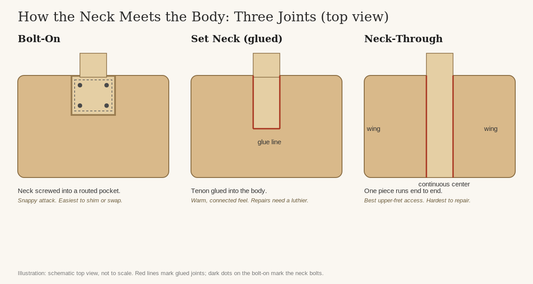 Diagram comparing bolt-on, set neck, and neck-through guitar construction from a top view