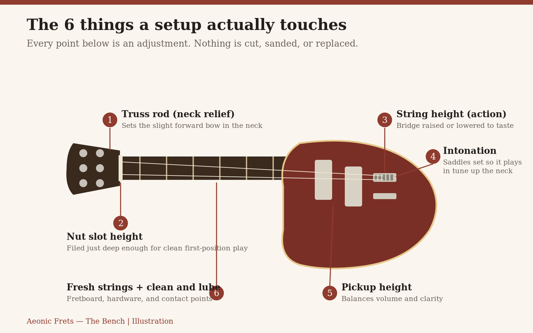 Illustration of a solidbody electric guitar labeling the six things a guitar setup adjusts: truss rod neck relief, nut slot height, string action, intonation, pickup height, and fresh strings