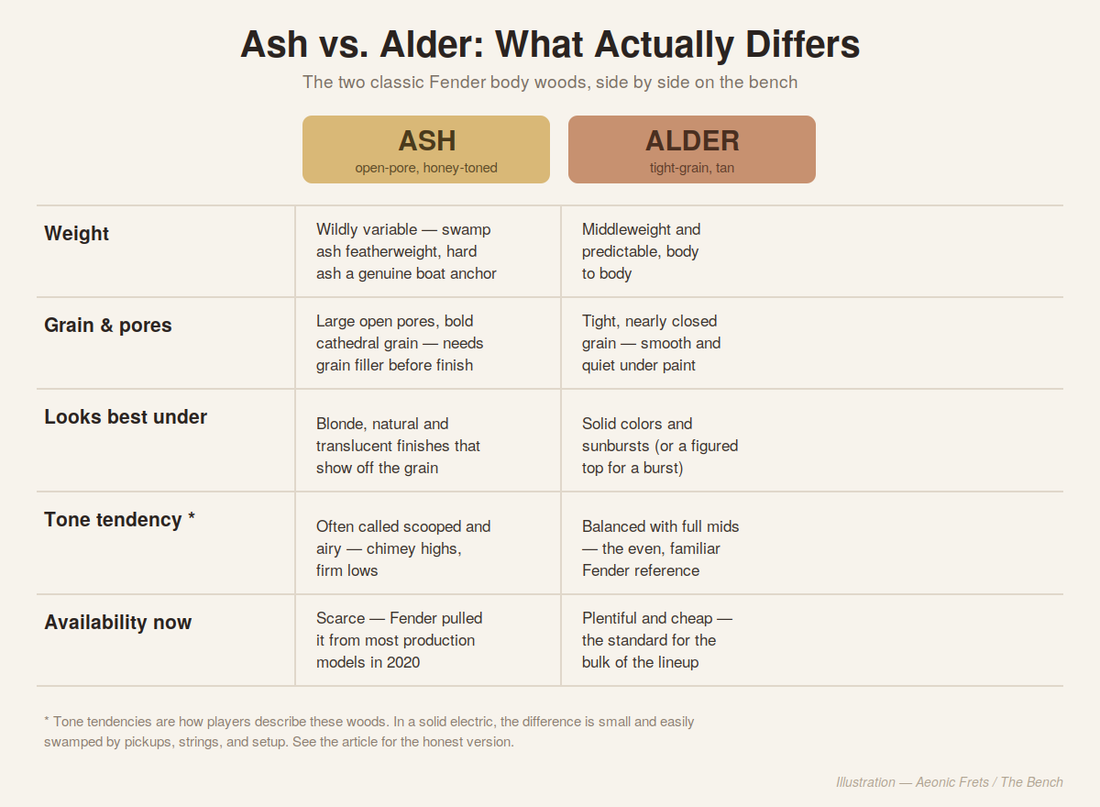 Comparison chart of ash versus alder guitar body wood showing weight, grain, best finishes, tone tendency, and availability