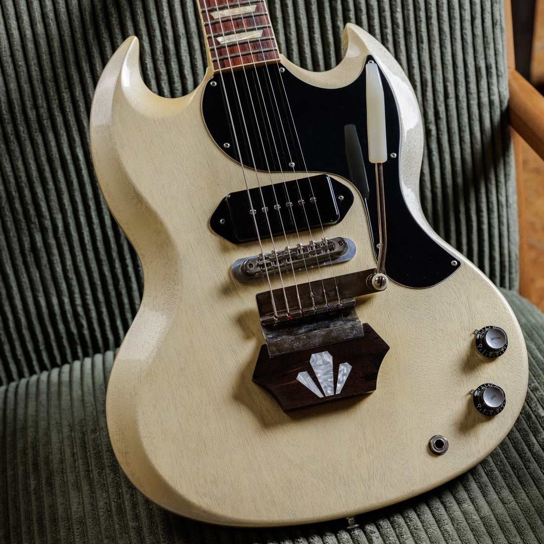 Gibson Custom Shop Brian Ray '62 SG Junior in pearlescent White Fox with black pickguard, dog-ear P-90 and ebony block Vibrola