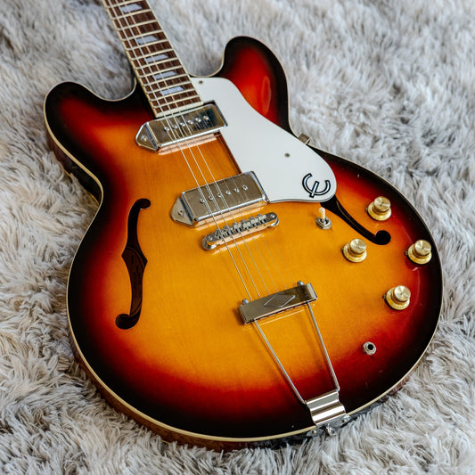 1995 Epiphone Casino in Vintage Sunburst showing fully hollow body and P-90 pickups