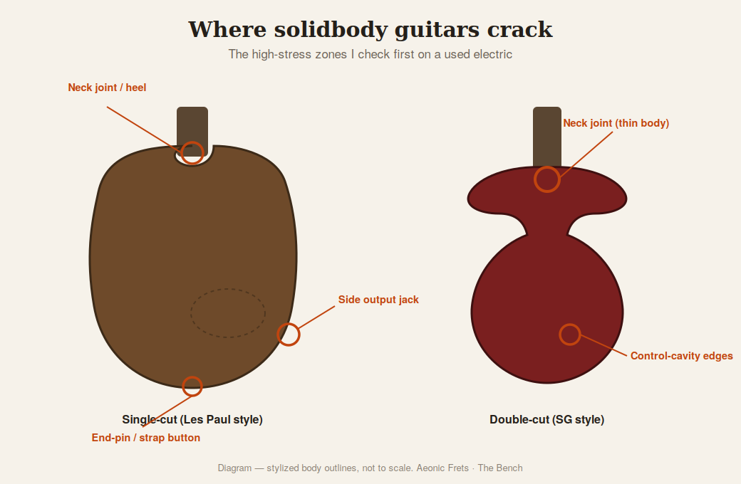 Diagram showing where solidbody electric guitars crack: neck joint and heel, side output jack, control-cavity edges, and end-pin