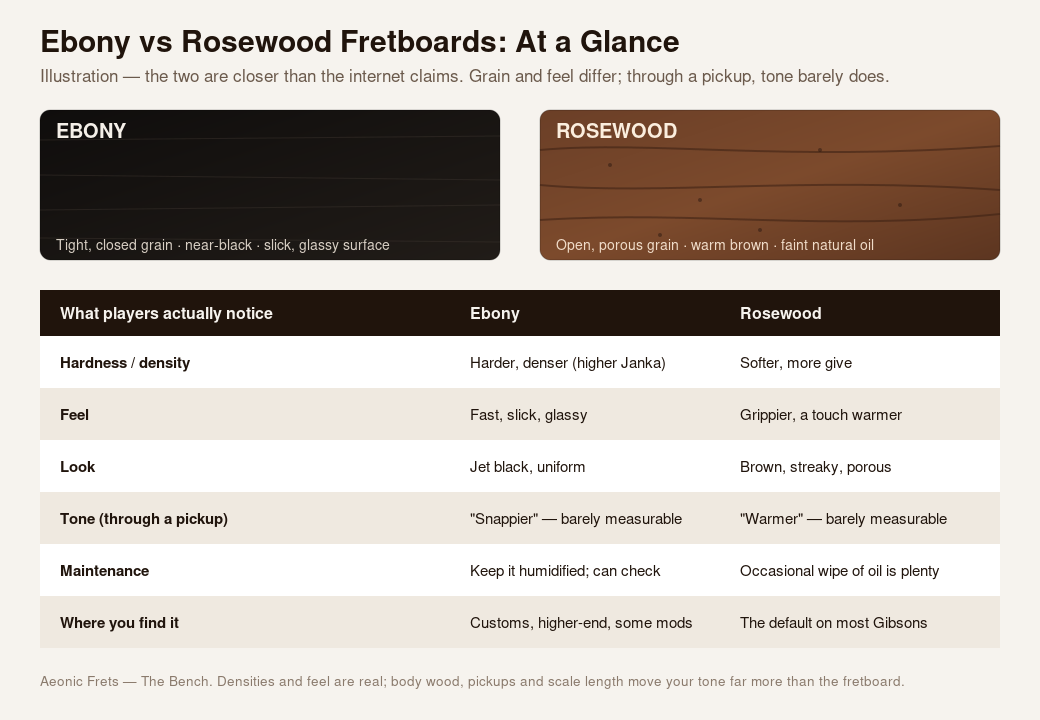 Illustration comparing ebony and rosewood guitar fretboards by hardness, feel, look, tone, and maintenance