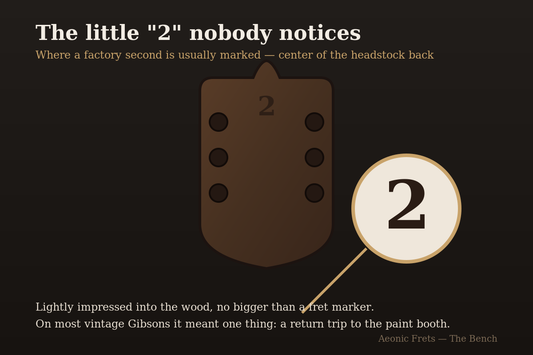 Illustration of the back of a guitar headstock showing where a factory second '2' stamp is impressed in the center.
