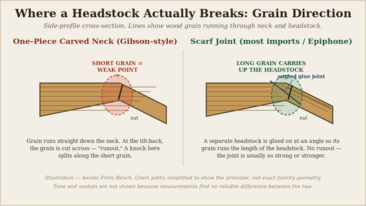 Diagram comparing a one-piece carved guitar neck with short-grain runout behind the nut to a scarf-joint headstock where the grain runs continuously up the headstock