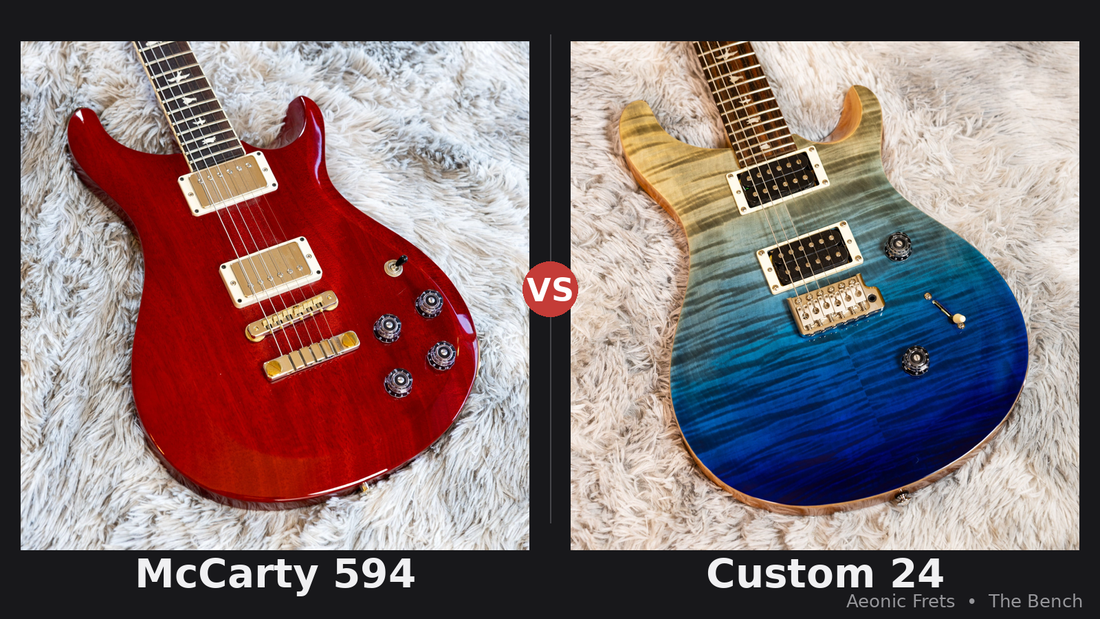 PRS McCarty 594 in Vintage Cherry beside a PRS Custom 24 in Blue Fade, showing the difference in controls and bridge