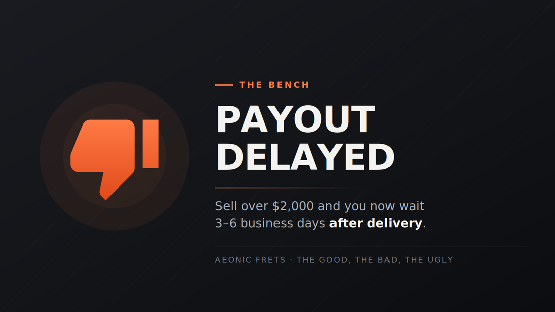 Orange thumbs-down icon on a dark background with the words Payout Delayed, over a line reading: sell over $2,000 and you now wait 3 to 6 business days after delivery.