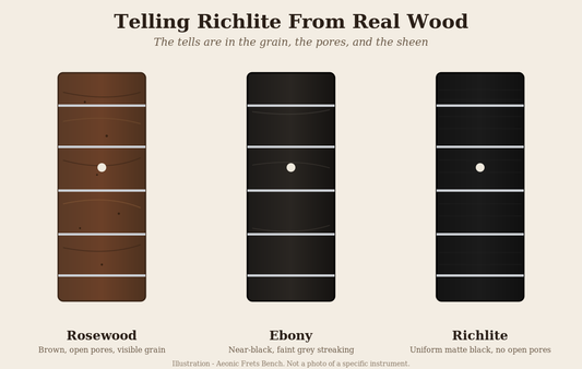Illustration comparing rosewood, ebony, and Richlite fretboards side by side, showing Richlite as a uniform matte black board with no open pores or wood grain