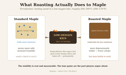 Diagram comparing standard maple and roasted maple guitar necks and what roasting changes.