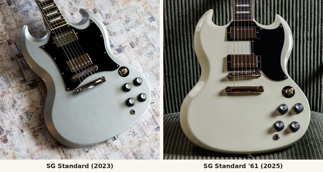 Side-by-side fronts of a 2023 Gibson SG Standard with a batwing pickguard and a 2025 Gibson SG Standard '61 with a small teardrop pickguard