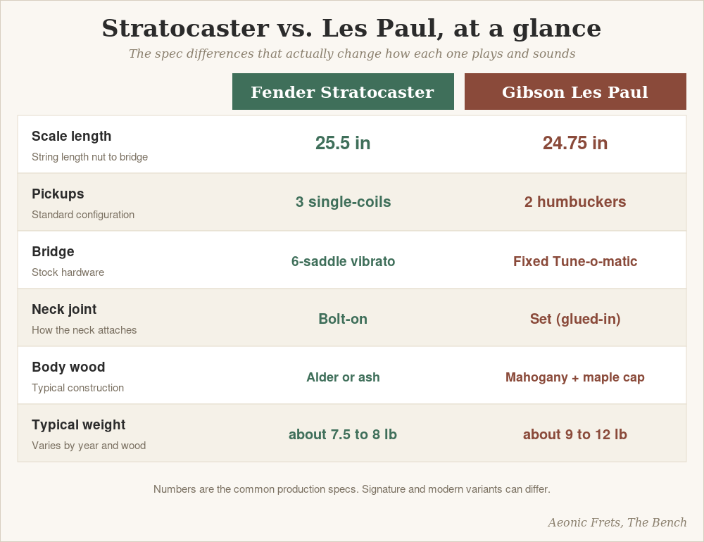 Diagram comparing Fender Stratocaster and Gibson Les Paul specs: scale length, pickups, bridge, neck joint, body wood, and weight