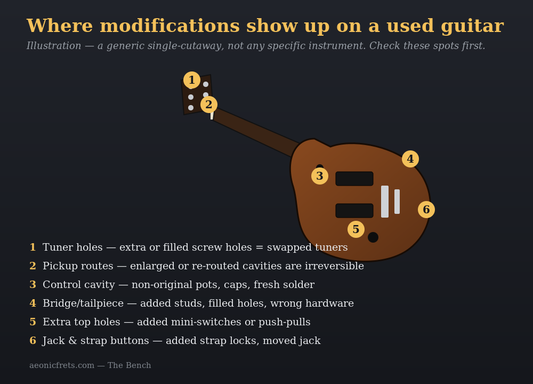 Illustration of a used electric guitar showing where modifications appear: tuner holes, pickup routes, control cavity, bridge, top holes, and jack