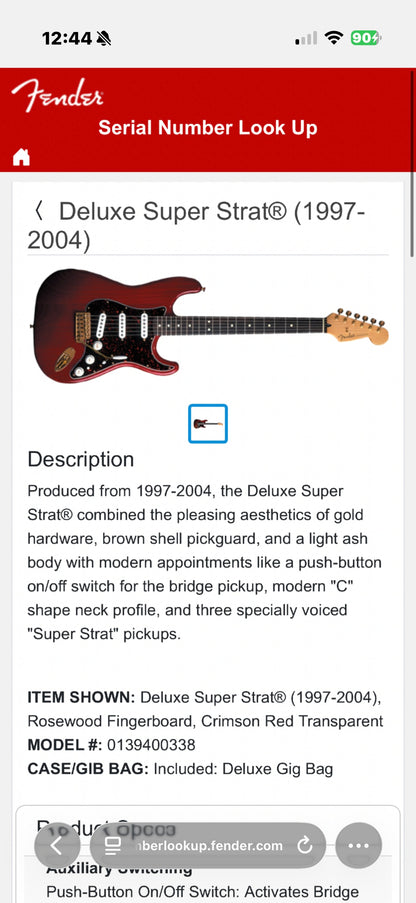 Fender Deluxe Super Stratocaster with Rosewood Fretboard 1997 - 2004 - Crimson Transparent